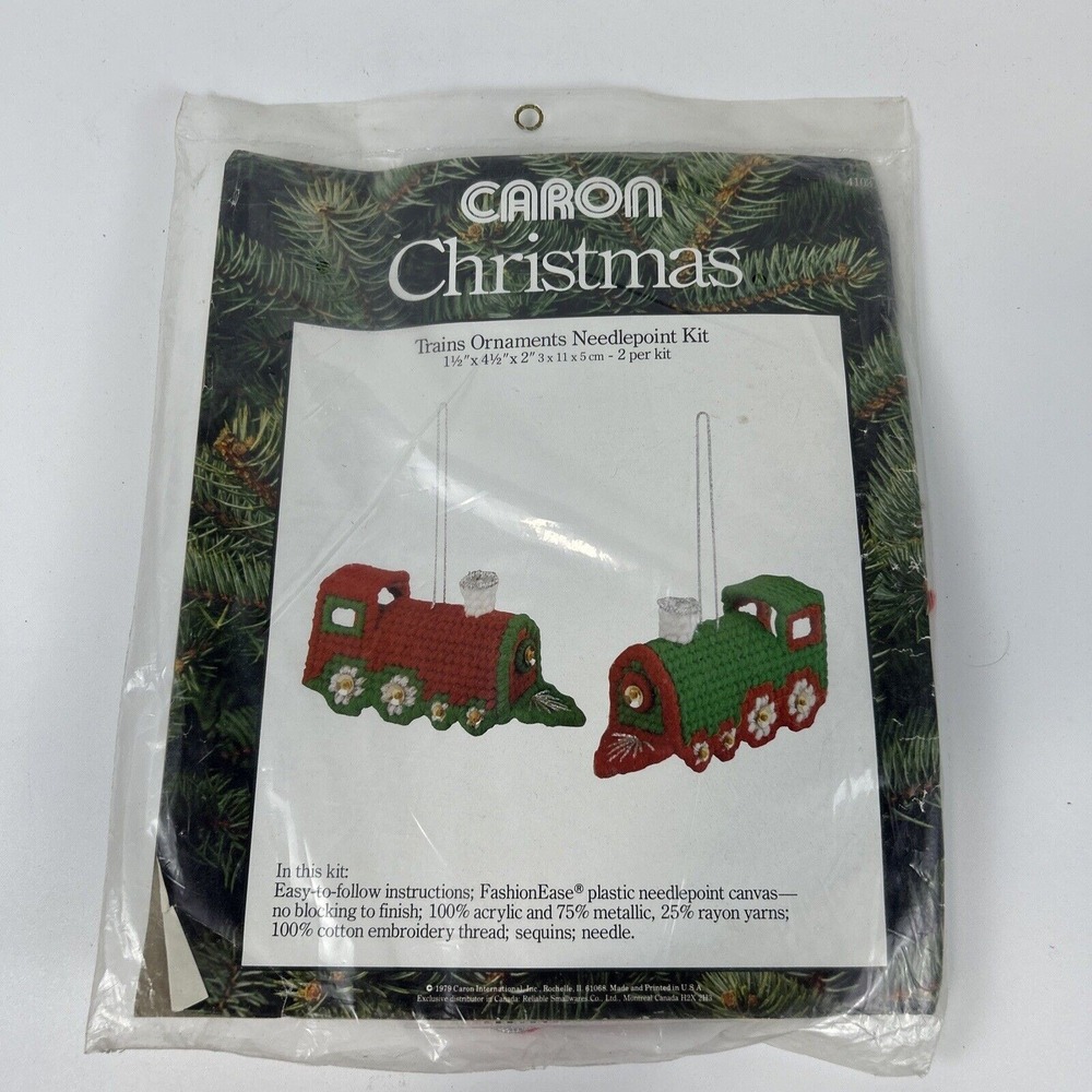 CARON‎ Christmas 2 TRAINS ORNAMENTS NEEDLEPOINT SEALED Kit #1403